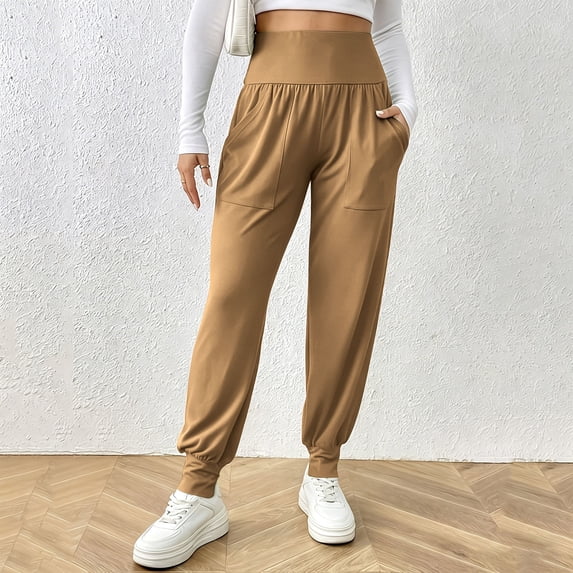 Bzdzmqm Women Plus Size Jogger High Waisted Pants with Pockets Casual Streetwear Lounge Activewear Loose Long Workout Trousers Solid, Khaki M