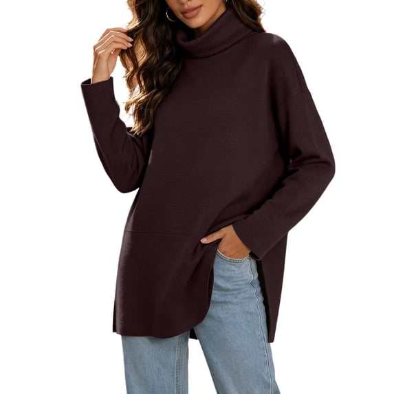 Bzdzmqm Women Plus Size Long Sleeve Knitted Pullover Tops Casual Crew Neck Side Slit Sweater Fall Winter Loose Fit Solid Basic Tunic Blouses for Daily Wear, Coffee L