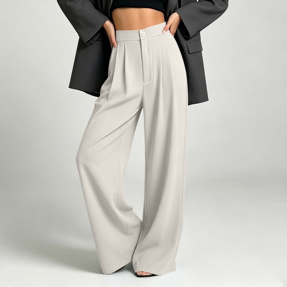 Bzdzmqm Women Plus Size Wide Leg High Waisted Flowy Trousers with Pockets Solid Elegant Office Long Lounge Pants Casual Summer Work Trousers, Beige S