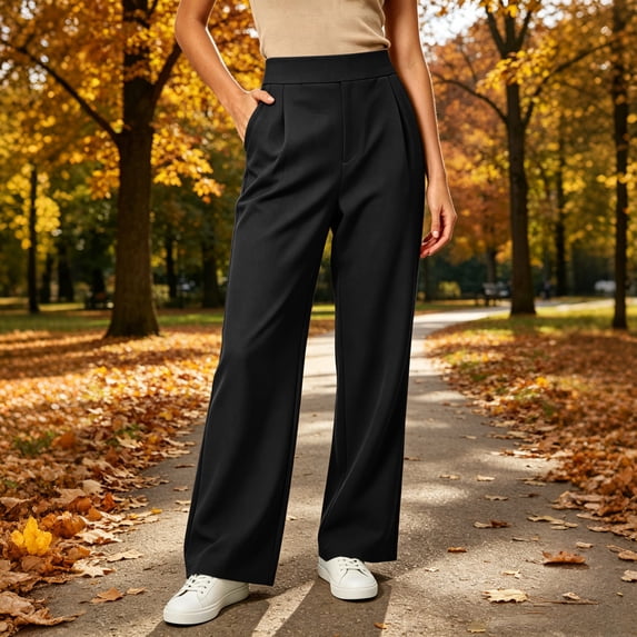 Bzdzmqm Women Plus Size Wide Leg High Waisted Trousers with Pockets Solid Casual Office Work Activewear Loose Long Pants Trousers, Black S
