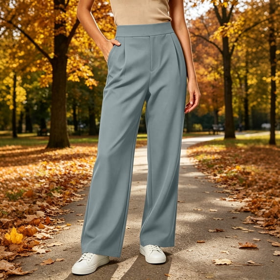 Bzdzmqm Women Plus Size Wide Leg High Waisted Trousers with Pockets Solid Casual Office Work Activewear Loose Long Pants Trousers, Gray M