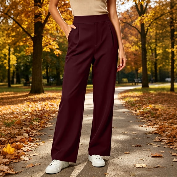 Bzdzmqm Women Plus Size Wide Leg High Waisted Trousers with Pockets Solid Casual Office Work Activewear Loose Long Pants Trousers, Wine M