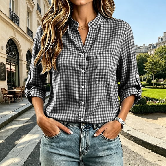 Bzdzmqm Women V Neck Long Sleeve Plaid Button Down Shirts Fall Winter Casual Loose Pullover Tops Business Work Office Wear Trendy Blouse, Black L
