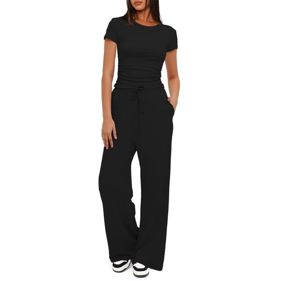 Bzdzmqm Women's 2 Piece Casual Tracksuit Set Summer Travel Outfit Short Sleeve Crew Neck T Shirt Top and Wide Leg Lounge Pants with Drawstring Side Pockets, Black L
