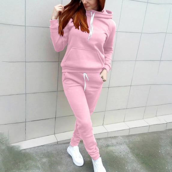 Bzdzmqm Women's 2 Piece Lounge Set Casual Slim Fit Long Sleeve Hoodie with Matching Pants Solid Cozy Zip Up Athleisure Outfits Comfy Streetwear Fall Winter Loungewear Tracksuit, Pink S