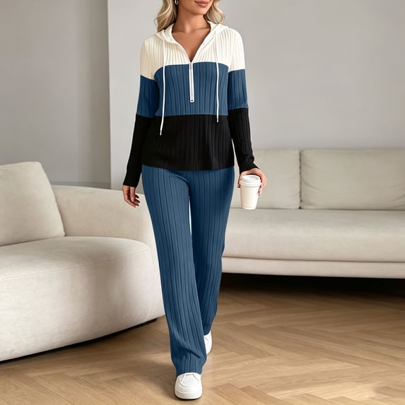 Bzdzmqm Women's 2 Piece Lounge Set V Neck Long Sleeve Hoodie with Wide Leg Pants Casual Solid Basic Tracksuit Cozy Zip Up Loungewear Fall Winter Outfit, Blue M