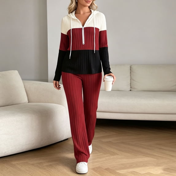 Bzdzmqm Women's 2 Piece Lounge Set V Neck Long Sleeve Hoodie with Wide Leg Pants Casual Solid Basic Tracksuit Cozy Zip Up Loungewear Fall Winter Outfit, Red M