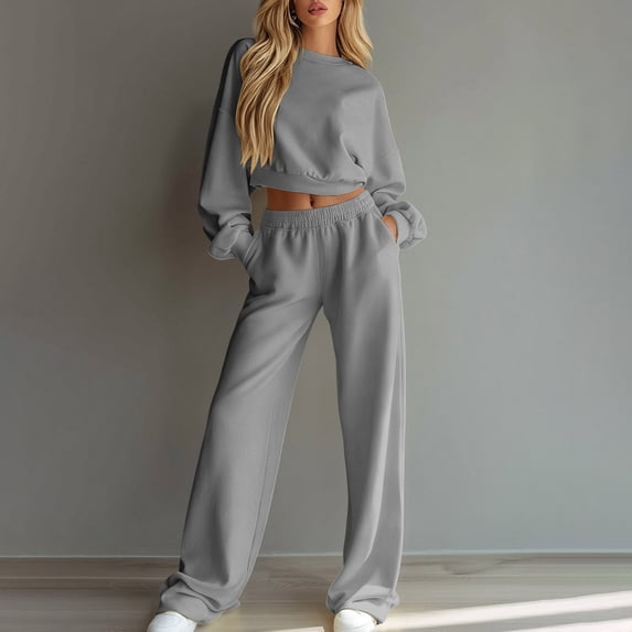 Bzdzmqm Women's 2 Piece Outfits Long Sleeve Crop Top and Wide Leg Pants Casual Lounge Set Solid Color Basic Tracksuit with Elastic Waist Comfy Fall Daily Wear, Gray M