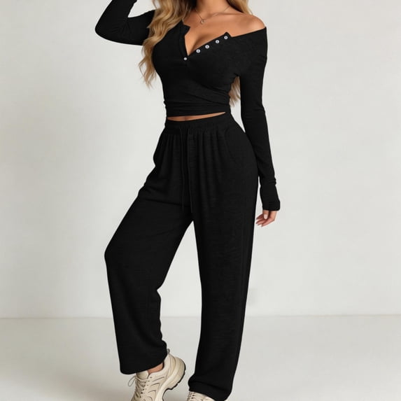 Bzdzmqm Women's 2 Piece Outfits V Neck Long Sleeve Crop Top and Wide Leg Pants Set Casual Lounge Matching Tracksuit Solid Basic Fall Travel Vacation Daily Wear Comfy, Black XL