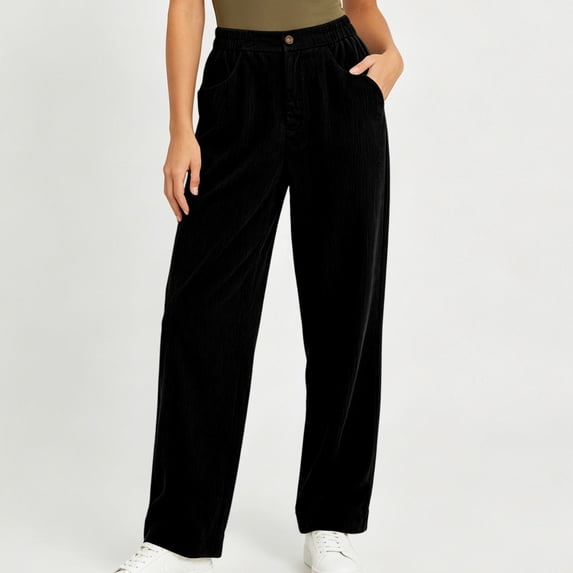 Bzdzmqm Women's Corduroy Pants Casual High Waisted Trousers with Pockets Elastic Waist Baggy Wide Leg Loose Trousers, Black M