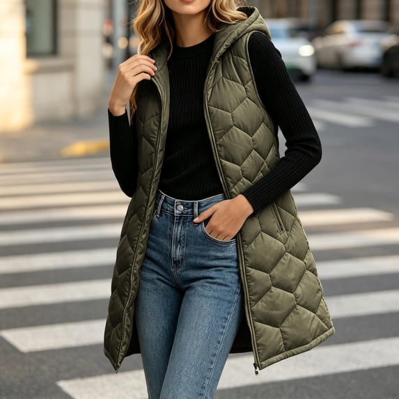 Bzdzmqm Women's Fall Winter Hooded Sleeveless Vest Casual Quilted Vest Warm Basic Outerwear for Outdoor Walking Travel Daily Wear, Army Green M