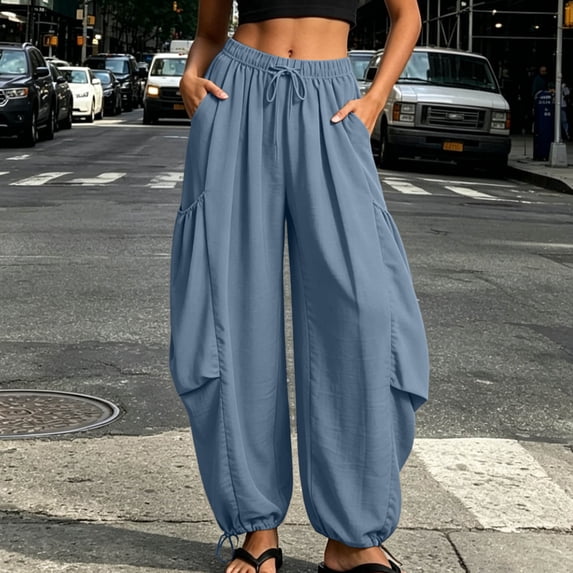Bzdzmqm Women's Harem Wide Leg Drawstring Flowy Lounge Pants with Pockets Casual Solid Boho Long Pants Vacation Beachwear Trousers, Blue L