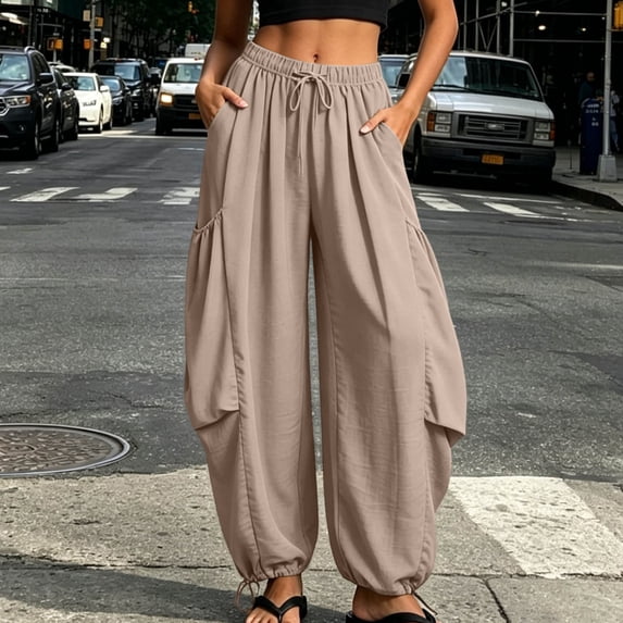 Bzdzmqm Women's Harem Wide Leg Drawstring Flowy Lounge Pants with Pockets Casual Solid Boho Long Pants Vacation Beachwear Trousers, Khaki 2XL