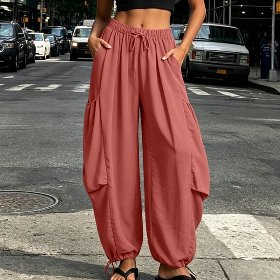 Bzdzmqm Women's Harem Wide Leg Drawstring Flowy Lounge Pants with Pockets Casual Solid Boho Long Pants Vacation Beachwear Trousers, Red L