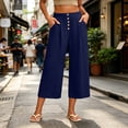 thumbnail image 1 of Bzdzmqm Women's High Waisted Wide Leg Capri Pants with Pockets Solid Casual Streetwear Elastic Waist Summer Cropped Beach Work Trousers Fashion, Navy S, 1 of 7