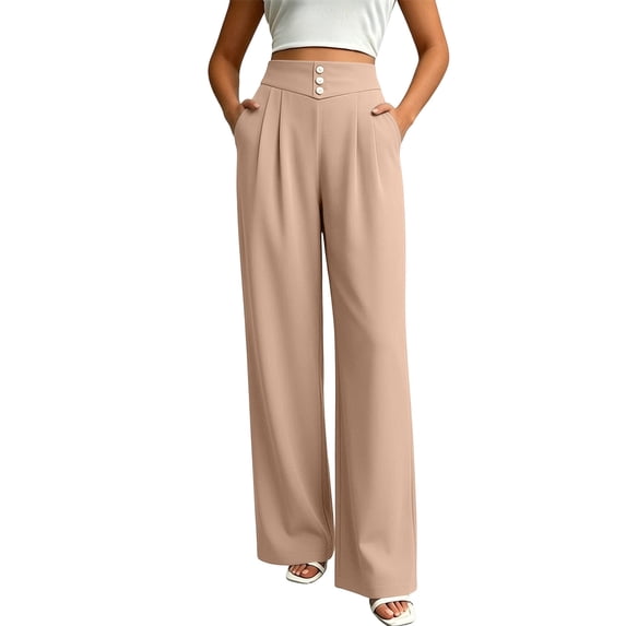 Bzdzmqm Women's High Waisted Wide Leg Trousers with Pockets Flowy Casual Loose Long Pants for Summer Beach Work Lounge, Khaki 2XL