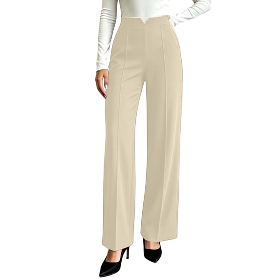 Bzdzmqm Women's High Waisted Wide Leg Trousers with Pockets Solid Elegant Office Long Dress Pants Casual Business Wear, Beige S