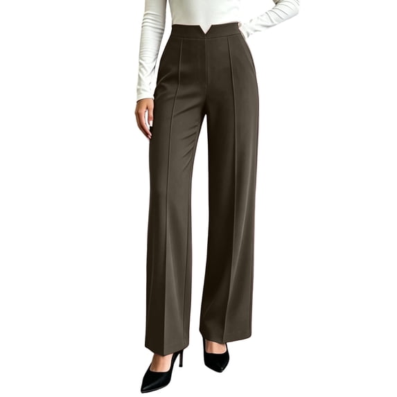 Bzdzmqm Women's High Waisted Wide Leg Trousers with Pockets Solid Elegant Office Long Dress Pants Casual Business Wear, Brown XL