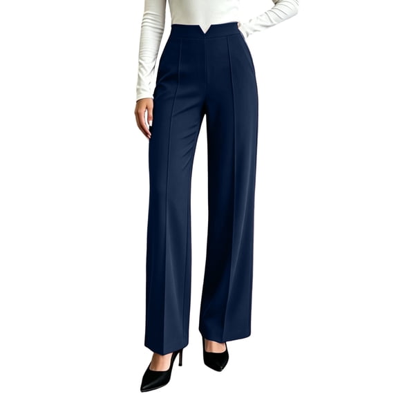 Bzdzmqm Women's High Waisted Wide Leg Trousers with Pockets Solid Elegant Office Long Dress Pants Casual Business Wear, Navy L