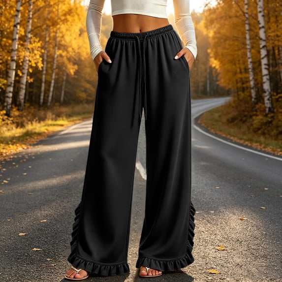 Bzdzmqm Women's Palazzo Pants Elastic Waist Loose Fit Long Trousers with Pockets Casual Wide Leg Work Pants Daily Wear, Black 2XL