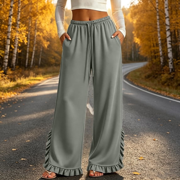 Bzdzmqm Women's Palazzo Pants Elastic Waist Loose Fit Long Trousers with Pockets Casual Wide Leg Work Pants Daily Wear, Gray S