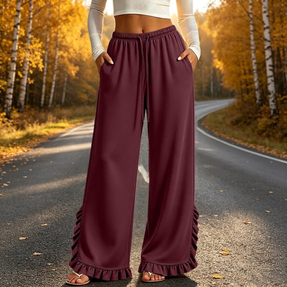 Bzdzmqm Women's Palazzo Pants Elastic Waist Loose Fit Long Trousers with Pockets Casual Wide Leg Work Pants Daily Wear, Wine L