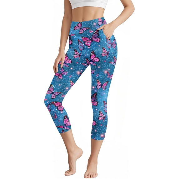 Bzdzmqm Women's Plus Size High Waisted Capri Pants Butterfly Print Athletic Yoga Activewear Workout Capri Leggings with Pockets Casual Summer Beach Trousers, Multicolor L