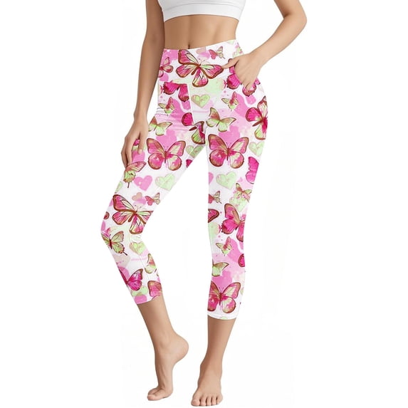 Bzdzmqm Women's Plus Size High Waisted Capri Pants Butterfly Print Athletic Yoga Activewear Workout Capri Leggings with Pockets Casual Summer Beach Trousers, Multicolor L