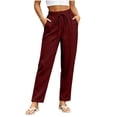 thumbnail image 1 of Bzdzmqm Women's Straight Leg High Waisted Trousers with Pockets Solid Casual Lounge Ankle Pants Work Beach Travel Yoga Elastic Waist, Wine XL, 1 of 5