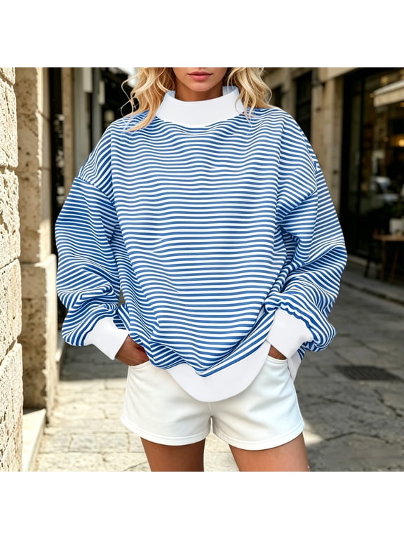 Women's Striped Long Sleeve Knit Pullover Casual Crew Neck Tunic Tops Fall Winter Cozy Sweaters for Daily Wear Work Office Outfits, Sky Blue L