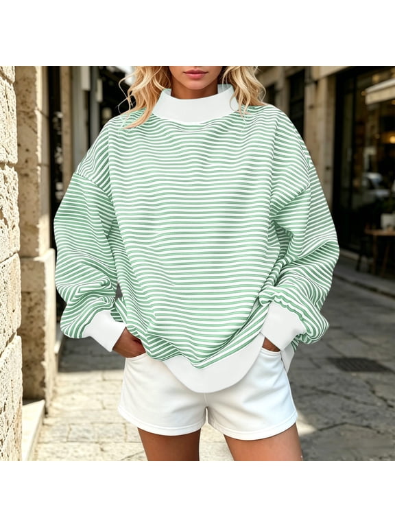 Women's Striped Long Sleeve Knit Pullover Casual Crew Neck Tunic Tops Fall Winter Cozy Sweaters for Daily Wear Work Office Outfits, Green 2XL