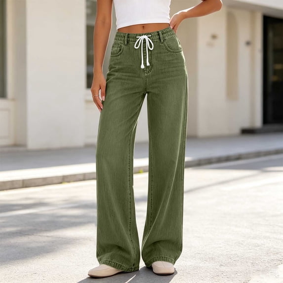 Bzdzmqm Women High Waisted Wide Leg Flowy Jeans with Pockets Casual Solid Loose Long Pants Summer Beach Travel Work Trousers, Green L