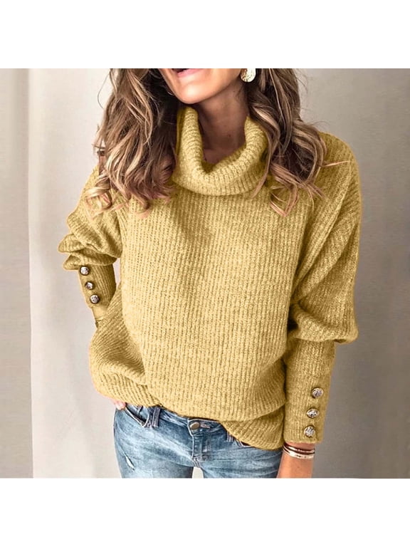 Women's Turtleneck Knitted Sweater Long Sleeve Elegant Casual Tops Cozy Chunky Pullover Fall Winter Slim Fit Knitwear Blouses for Business Office Work Daily Wear, Yellow M