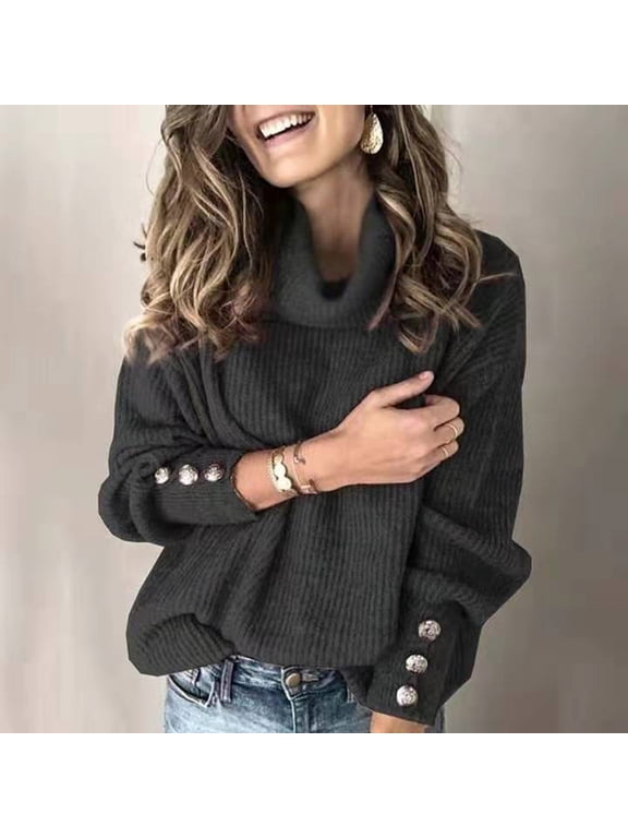 Women's Turtleneck Knitted Sweater Long Sleeve Elegant Casual Tops Cozy Chunky Pullover Fall Winter Slim Fit Knitwear Blouses for Business Office Work Daily Wear, Black 2XL
