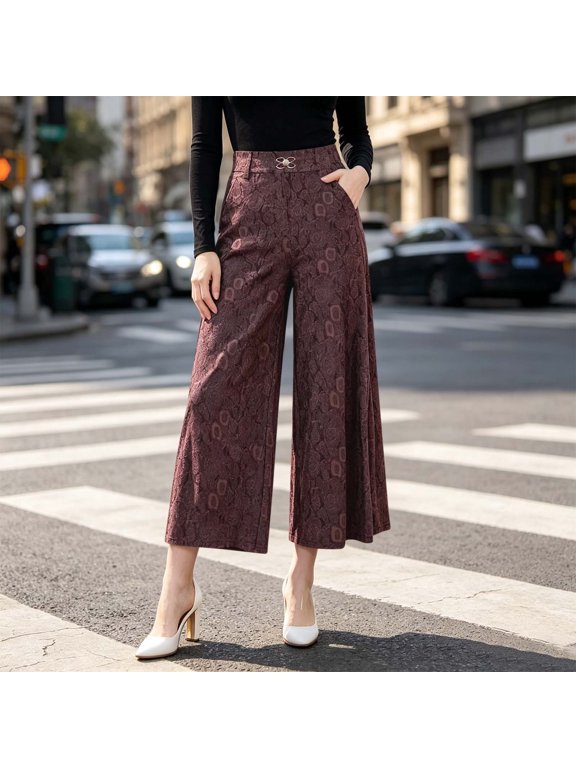 Women's Wide Leg Capri Pants with Pockets Summer Casual Elastic Waist Loose Cropped Lounge Trousers Beach Travel Work Fashion Clothes, Coffee 2XL