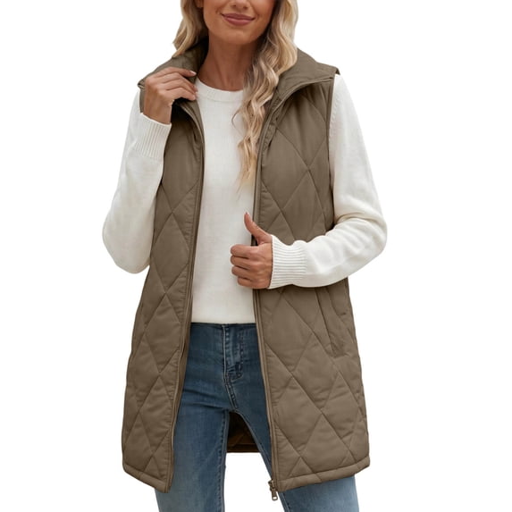 Bzdzmqm Women's Winter Solid Color Sleeveless Vest Zip Up Quilted Puffer Jacket with Pockets Casual Outdoor Waistcoat Layering Outwear Fall Cold Weather, Khaki M