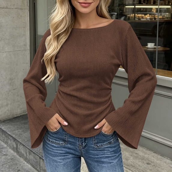 Bzdzmqm Womens Boat Neck Ribbed Knit Tops Bell Sleeves Ruched Side Slim Fit Pullover Shirts for Fall Winter Casual Work Wear, Brown L