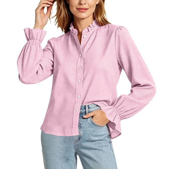 Bzdzmqm Womens Fall Collared Long Sleeve Plaid Ruffle Blouse Casual Button Down Shirt Trendy Tunic Tops Lightweight Pullover Work Office Wear, Pink 2XL