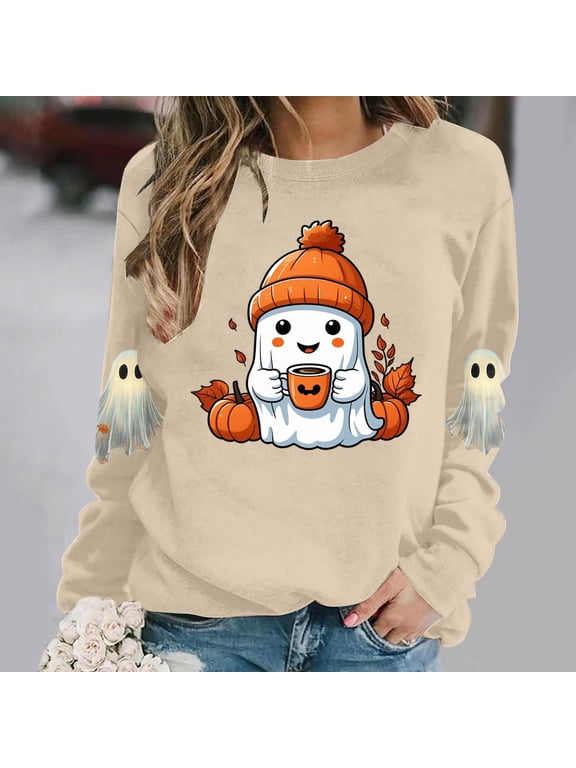 Womens Fall Halloween Long Sleeve Cute Graphic Pullover Sweater Tops Casual Crew Neck Tee Shirts for Ladies Trendy Cozy Outfits, Khaki S