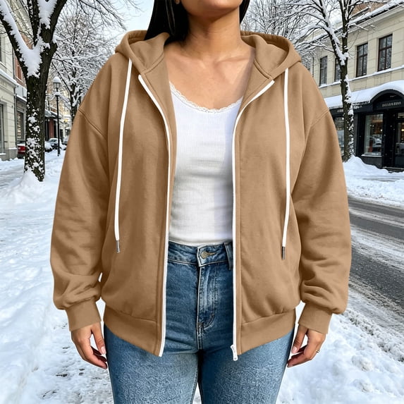 Bzdzmqm Womens Fall Oversized Hooded Zip Up Shacket Soft Warm Fleece Lined Casual Long Sleeve Tops Fall Winter Cozy Outfits for Daily Work Travel, Khaki XL