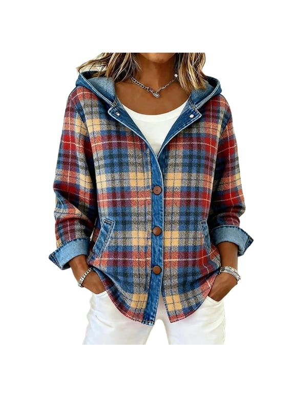 Womens Fall Winter Hooded Plaid Shacket Button Down Casual Loose Long Sleeve Jacket Coat for Women Oversized Flannel Outerwear for Business Work Office Wear, Blue S