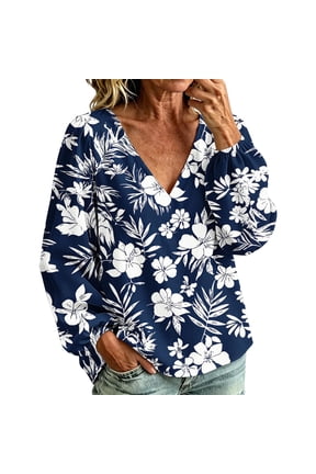 Womens Floral V Neck Blouses Long Sleeve Balloon Sleeve Tunic Tops Relaxed Loose Fit Comfy Casual Spring Autumn Vacation Travel Clothes, Navy S