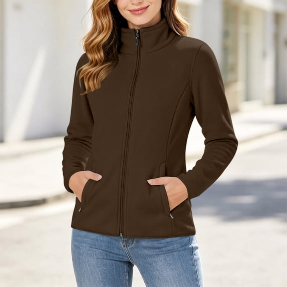 Bzdzmqm Womens Full Zip Fleece Jacket Slim Fit Stand Collar Long Sleeve Zipper Pockets Cozy Fall Winter Daily Work Wear, Brown S