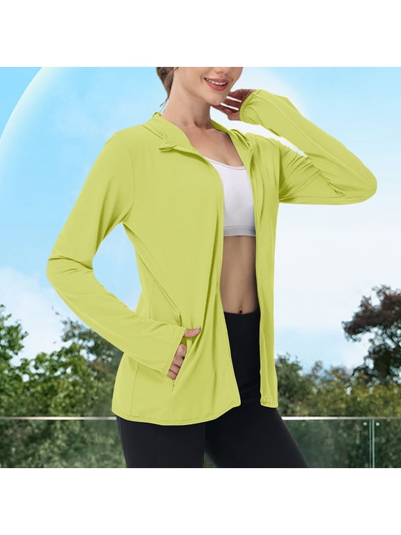 Womens Full Zip Hooded Sun Shirt Lightweight Breathable Athletic Jacket With Pockets Summer Spring Fall Outdoor Sportswear, Yellow 4XL