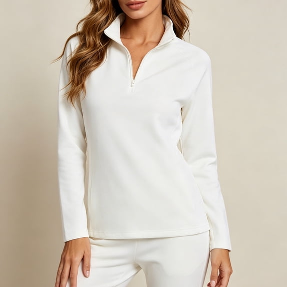 Bzdzmqm Womens Half Zip Running Shirts Long Sleeve Athletic Workout Tops Stand Collar Slim Fit Stretch Yoga Gym Activewear Casual Fall Winter Daily Wear Travel, White 2XL
