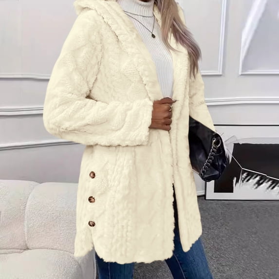 Bzdzmqm Womens Hooded Long Sleeve Button Down Open Front Coats Fall Winter Casual Basic Solid Warm Jacket for Daily Wear Cozy Outerwear, Beige 2XL