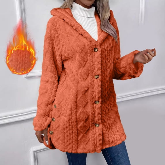 Bzdzmqm Womens Hooded Long Sleeve Button Down Open Front Coats Fall Winter Casual Basic Solid Warm Jacket for Daily Wear Cozy Outerwear, Orange XL