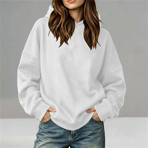 Bzdzmqm Womens Hooded Pullover Sweatshirts Casual Loose Fit Tops Fall Winter Warm Solid Basic Long Sleeve Crew Neck Blouses for Daily Wear Work Office, White 2XL