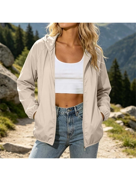 Womens Hooded Zip Up Jackets Fall Winter Spring Casual Windbreaker Lightweight CoverUp Outerwear for Daily Outdoor Wear, Beige 2XL