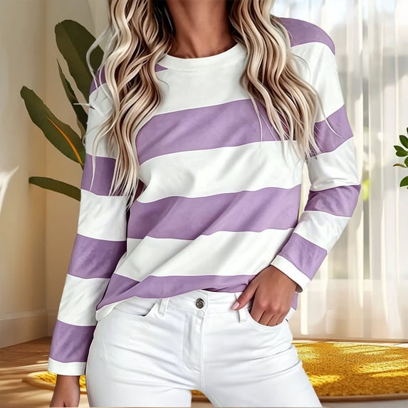 Bzdzmqm Womens Long Sleeve Striped Pullover Tops Casual Crew Neck Sweaters Fall Winter Loose Fit Knit Tees for Daily Work Office Outfits, Purple XL